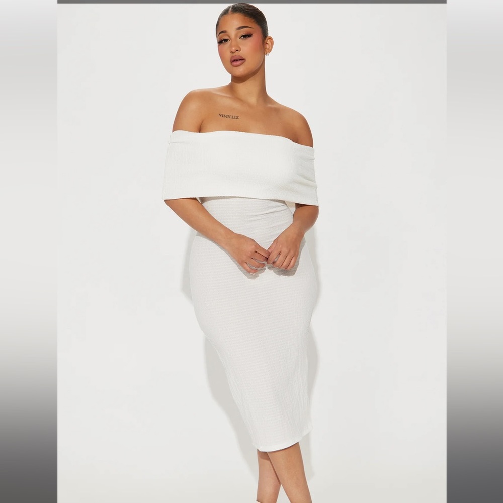 Fashion Nova’s Ana Off Shoulder Midi Dress in White